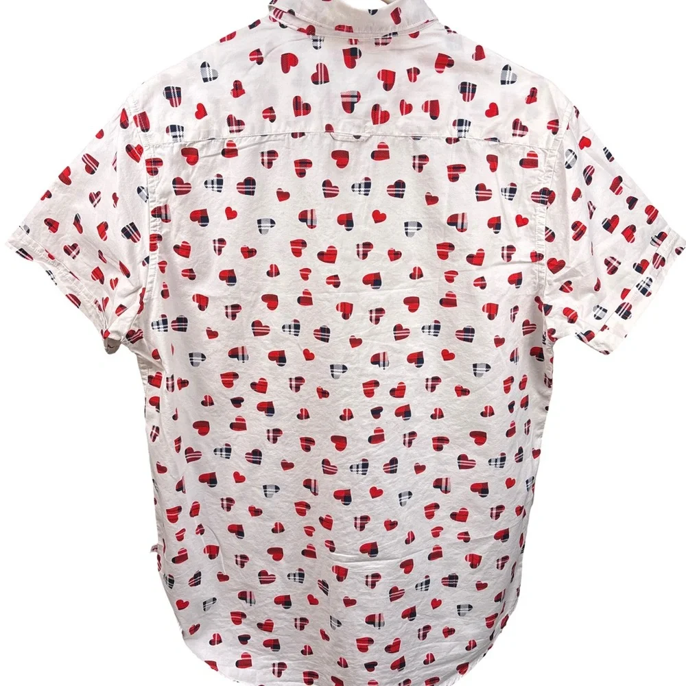 Denim & Flower White Cotton  Shirt with Red and Black Heart Design Medium